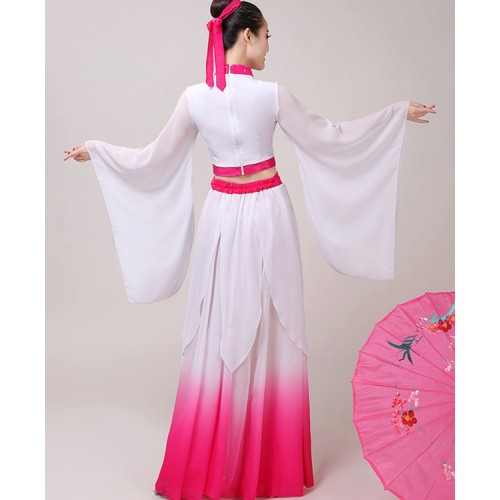 Hanfu White with pink chinese folk dance costumes chinese ancient traditional fairy dress fan umbrella yangko performance dresses robes